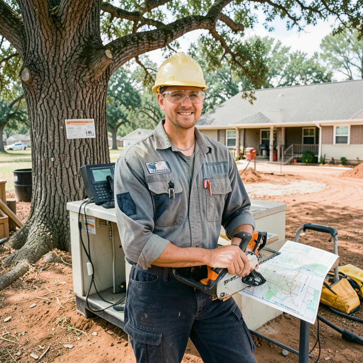 Commercial dispatch center for regional tree service operations in Fort Worth with telephone consoles and maps