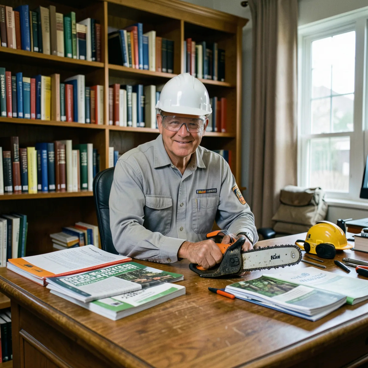 Research library with municipal codes, arboricultural standards, and forestry manuals on a wooden desk