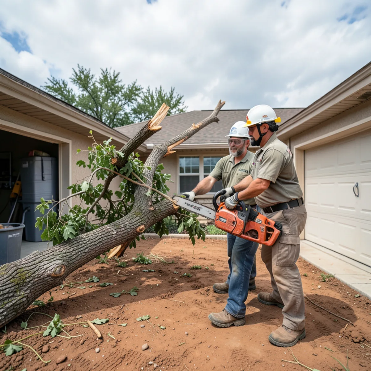 Emergency crew securing a split storm-damaged hackberry limb resting on a residential garage in Fort Worth