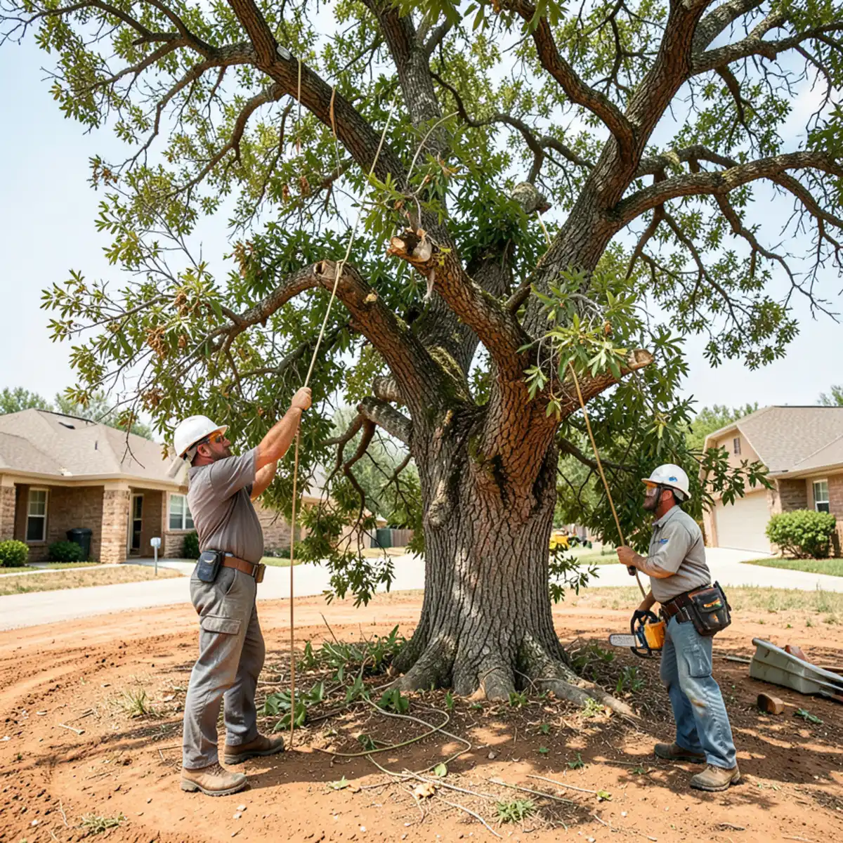 Tree removal crew setting lowering lines on an overgrown storm-damaged Arizona ash in central Arlington