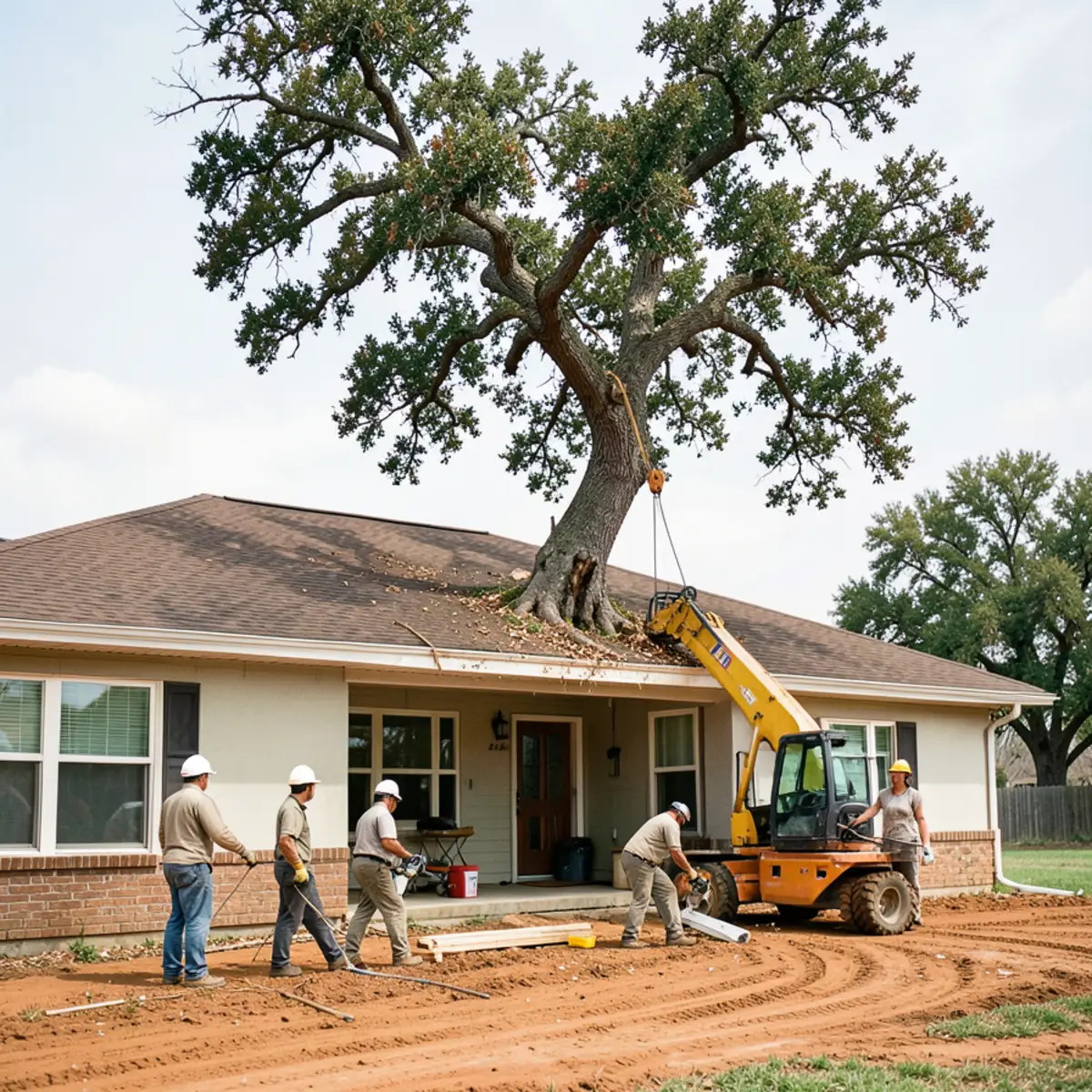Crane-assisted removal of a large decayed pecan tree overhanging an established ranch roof in North Richland Hills