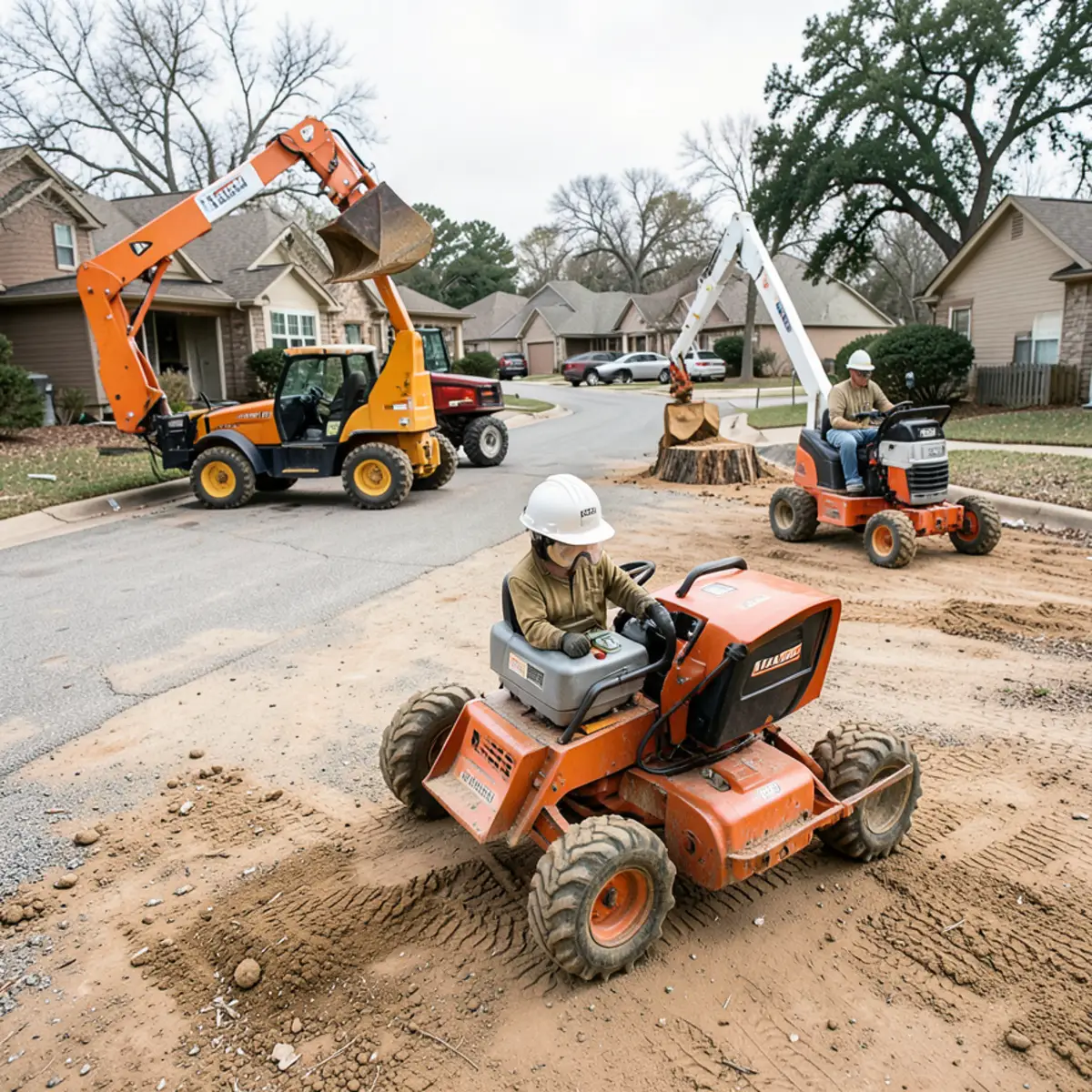 Heavy-duty tree care machinery including bucket truck, chipper, and stump grinder staged along a suburban street