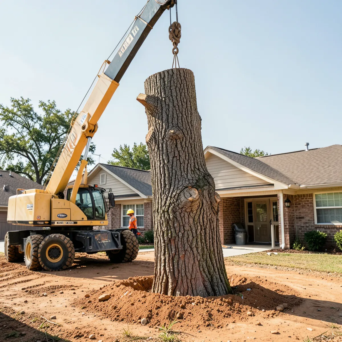 Mobile crane hoisting a heavy tree trunk section vertically off a residential building in Fort Worth