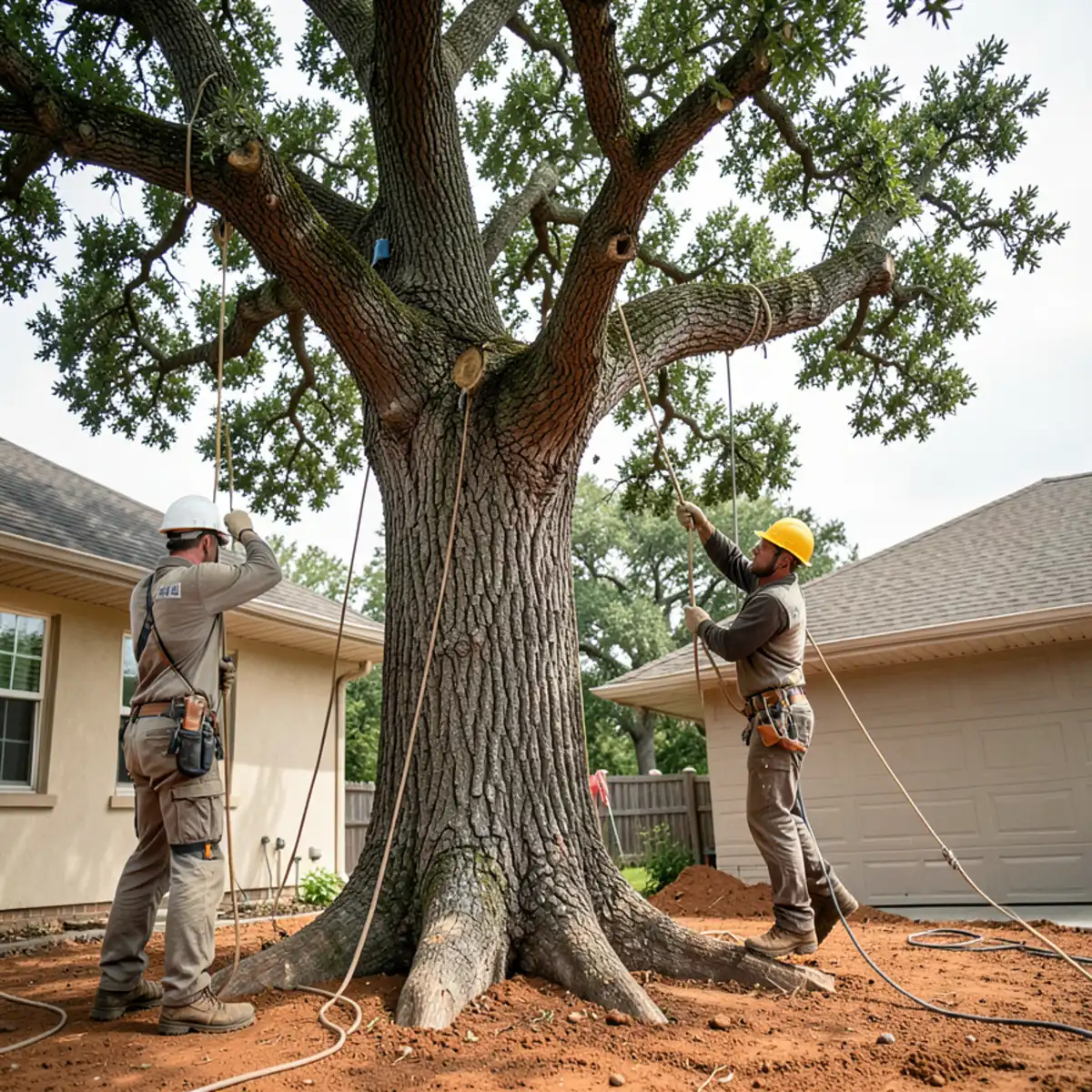 Large hazardous post oak being sectionally dismantled near a residential roof in Fort Worth