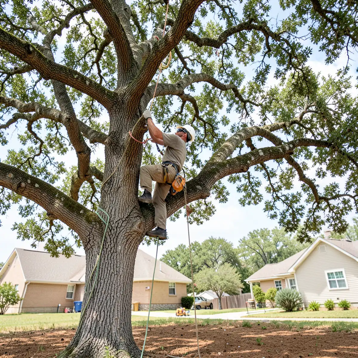 Arbor climber performing crown thinning on a mature live oak canopy in Fort Worth